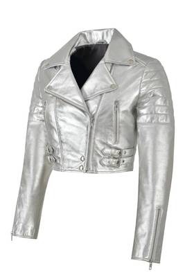 Women's genuine silver metallic cropped biker jacket 1