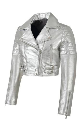 Women's genuine silver metallic cropped biker jacket