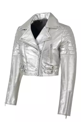 Women's genuine silver metallic cropped biker jacket