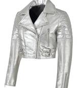 Women's genuine silver metallic cropped biker jacket