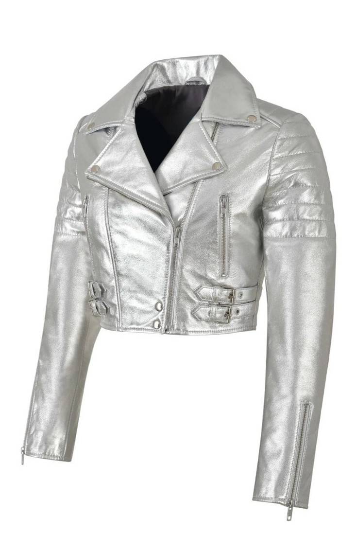 Women's genuine silver metallic cropped biker jacket