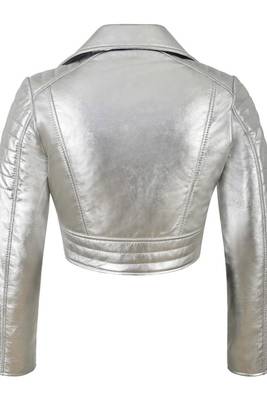 Women's genuine silver metallic cropped biker jacket 2