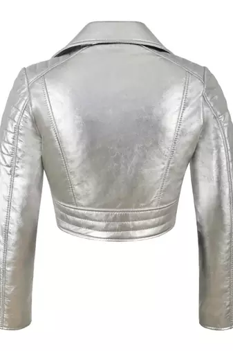 Women's genuine silver metallic cropped biker jacket
