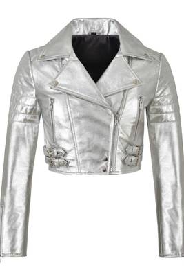 Women's genuine silver metallic cropped biker jacket 3