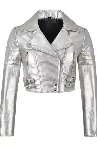 Women's genuine silver metallic cropped biker jacket