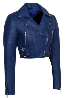 Women's royal blue cropped biker genuine leather jacket 1