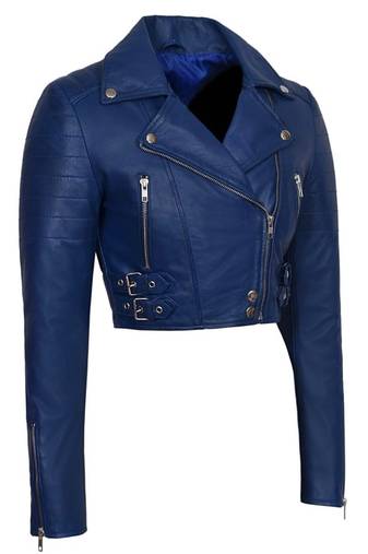 Women's royal blue cropped biker genuine leather jacket