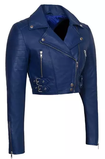 Women's royal blue cropped biker genuine leather jacket