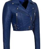 Women's royal blue cropped biker genuine leather jacket