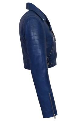 Women's royal blue cropped biker genuine leather jacket 2