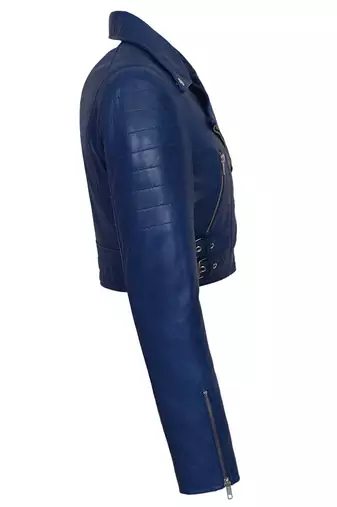Women's royal blue cropped biker genuine leather jacket