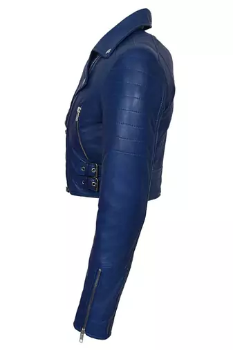 Women's royal blue cropped biker genuine leather jacket