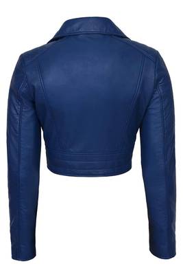 Women's royal blue cropped biker genuine leather jacket 4