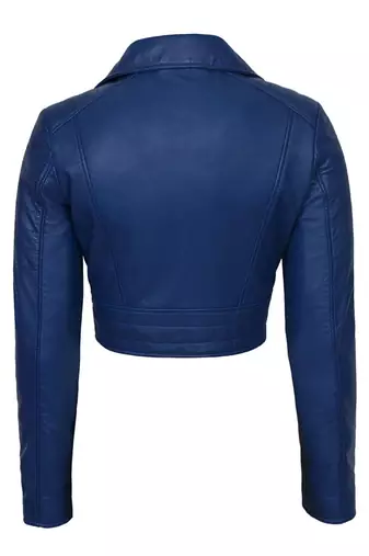 Women's royal blue cropped biker genuine leather jacket