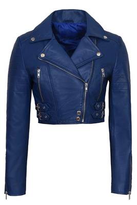 Women's royal blue cropped biker genuine leather jacket 5