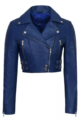 Women's royal blue cropped biker genuine leather jacket