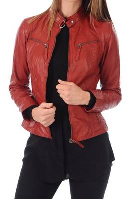Women's lambskin rust red moto biker leather jacket 1