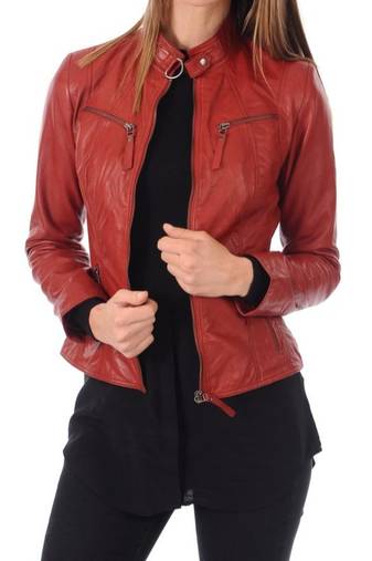 Women's lambskin rust red moto biker leather jacket