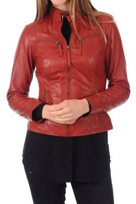Women's lambskin rust red moto biker leather jacket 3