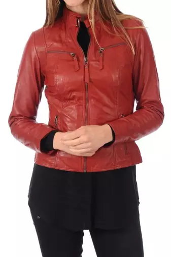 Women's lambskin rust red moto biker leather jacket