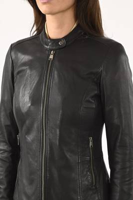 Women's black cafe racer lambskin leather biker jacket 1