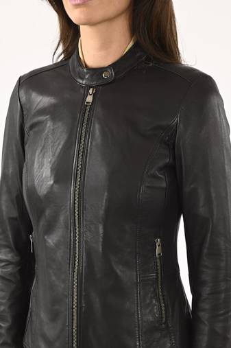 Women's black cafe racer lambskin leather biker jacket
