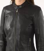 Women's black cafe racer lambskin leather biker jacket