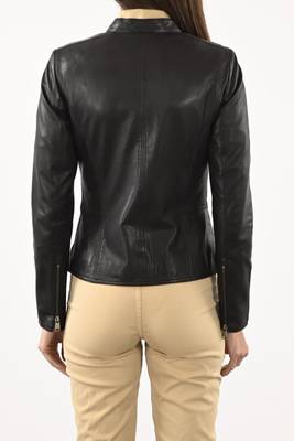 Women's black cafe racer lambskin leather biker jacket 2