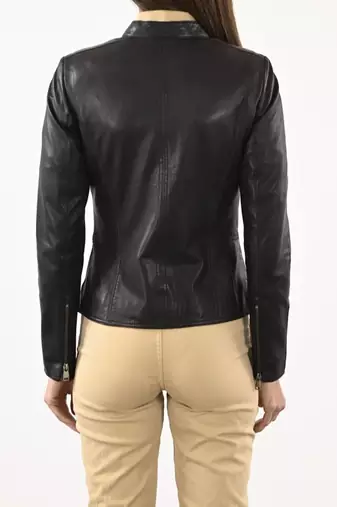 Women's black cafe racer lambskin leather biker jacket