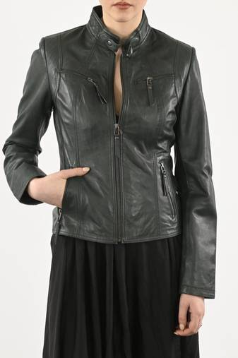 Women's genuine dark green cafe racer leather biker jacket