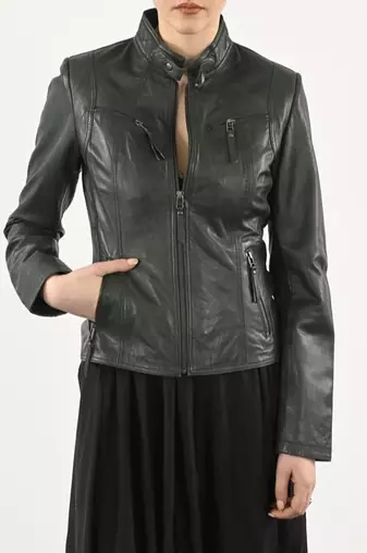 Women's genuine dark green cafe racer leather biker jacket