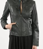 Women's genuine dark green cafe racer leather biker jacket