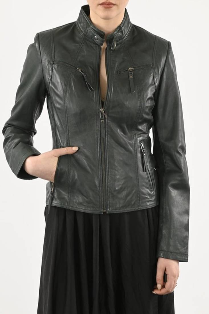 Women's genuine dark green cafe racer leather biker jacket