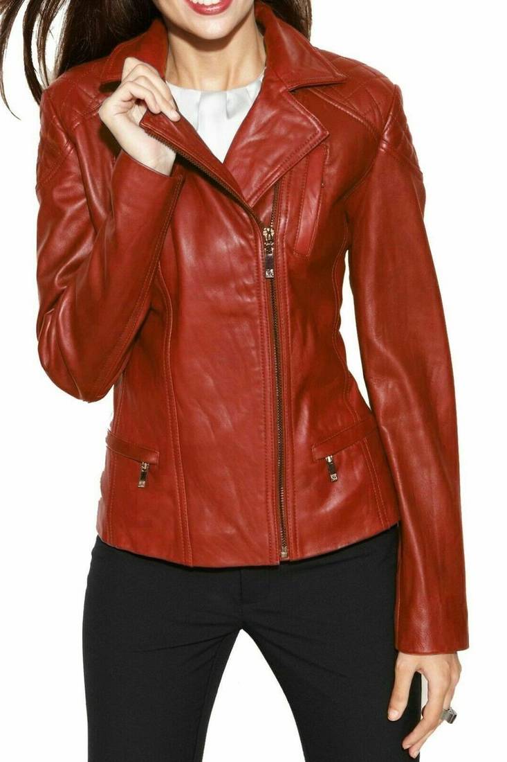 Women's rust brown genuine asymmetrical leather jacket