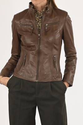 Women's brown lambskin leather cafe racer biker jacket 1