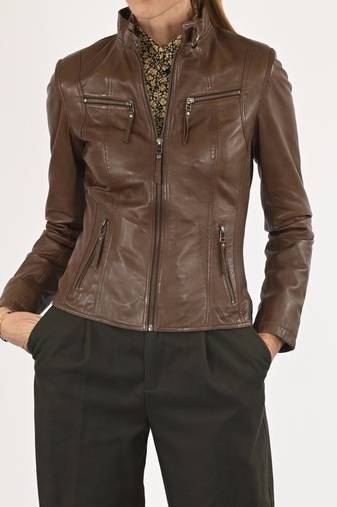Women's brown lambskin leather cafe racer biker jacket