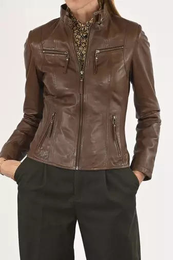 Women's brown lambskin leather cafe racer biker jacket