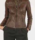 Women's brown lambskin leather cafe racer biker jacket