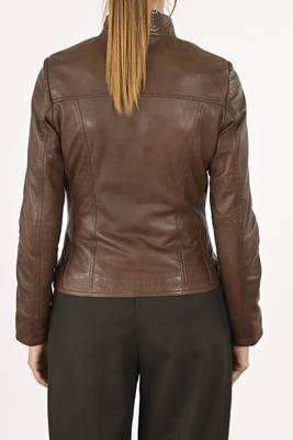 Women's brown lambskin leather cafe racer biker jacket 2