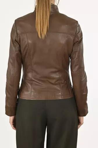 Women's brown lambskin leather cafe racer biker jacket