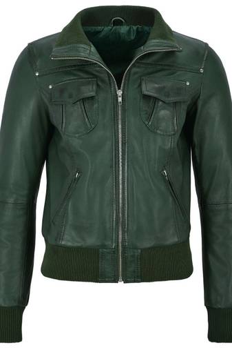 Women's dark green lambskin bomber biker leather jacket