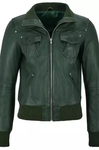 Women's dark green lambskin bomber biker leather jacket