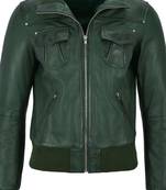 Women's dark green lambskin bomber biker leather jacket