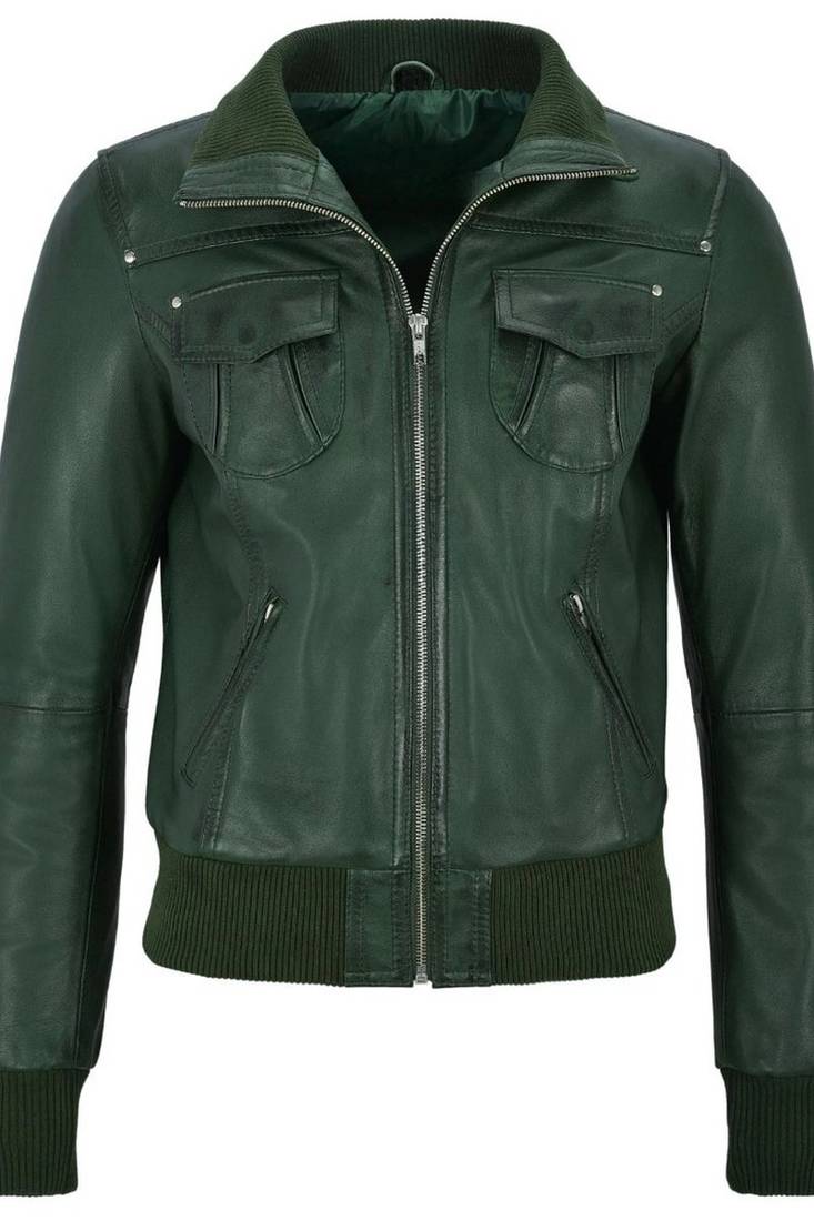 Women's dark green lambskin bomber biker leather jacket