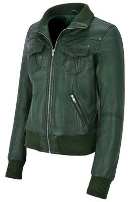 Women's dark green lambskin bomber biker leather jacket 4