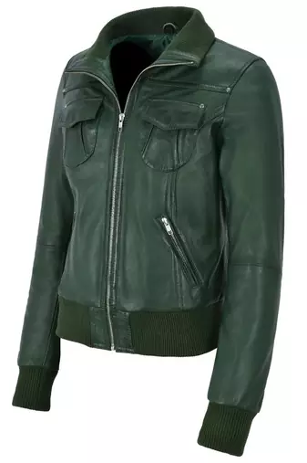 Women's dark green lambskin bomber biker leather jacket