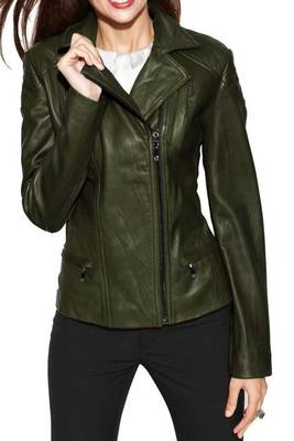 Women's olive green moto biker leather jacket real lambskin 1