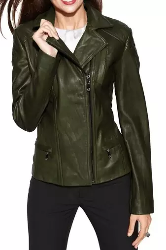 Women's olive green moto biker leather jacket real lambskin