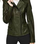 Women's olive green moto biker leather jacket real lambskin