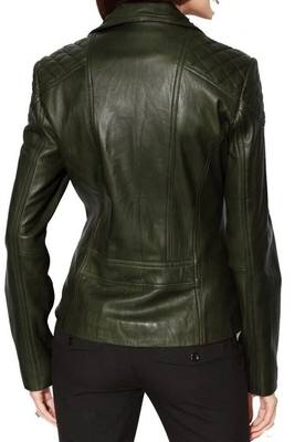 Women's olive green moto biker leather jacket real lambskin 2